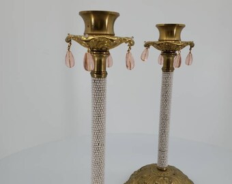Rare Pair of Brass Victorian Style Candle Holders Decorated with Beads