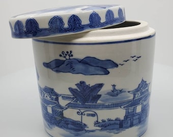 Vintage Chinese Blue and White Tea/Ginger Jar in Oval Shaped with Chinese Landscapes and Floral Motifs