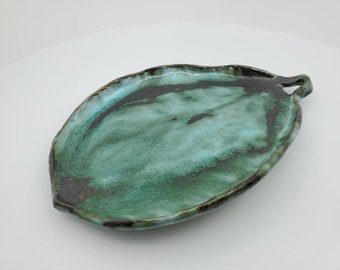 Handmade Green and Black Stoneware Leaf Dish with Leaf Handle, Pottery Leaf Dish/Trinket Dish