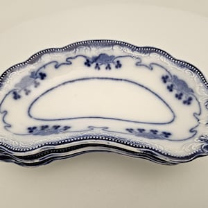 May include: A stack of white, scalloped-edge plates with a blue floral design. The plates have a semi-circular shape with a decorative border and interior detailing. The blue pattern includes floral and leaf motifs.
