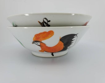 Vintage Chinese Porcelain Hand Painted Rooster Bowl,  Ji Gong Wan Rooster Bowl