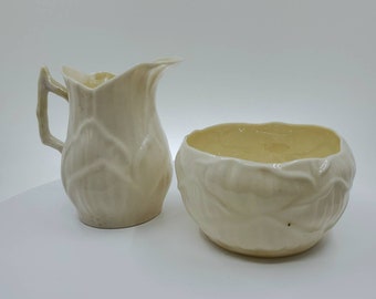 Vintage Belleek Creamer en Sugar Bowl, Lelie Patroon, Ierland China