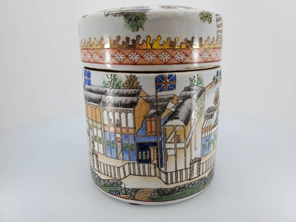 Rare Vintage Chinese Porcelain Tea Caddy - CANISTER - URN- Apotheca Jar with Village Scene on Lid and Colorful Village Houses on Side