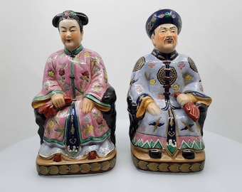 Vintage Chinese Figurines of a Man and Woman in Kimonos, Chinese Seated Noble Couple Statues