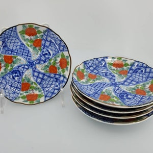 Vintage Japanese Cobalt Blue Porcelain Decorative Scallop Shaped Plate with Orange Floral Design, Set of 5