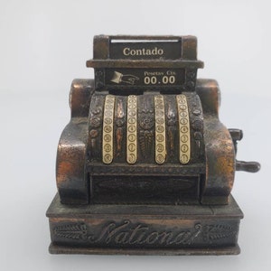 Vintage Mid Century &quot;Play Me&quot; Die-Cast Miniature Pencil Sharpener Cash Register, Made in Spain