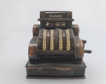 Vintage Mid Century "Play Me" Die-Cast Miniature Pencil Sharpener Cash Register, Made in Spain
