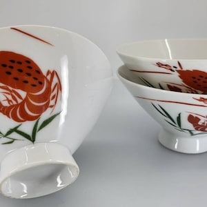 Vintage Porcelain Japanese Shrimp Prawn Rice/Soup Bowl, SET OF 3.