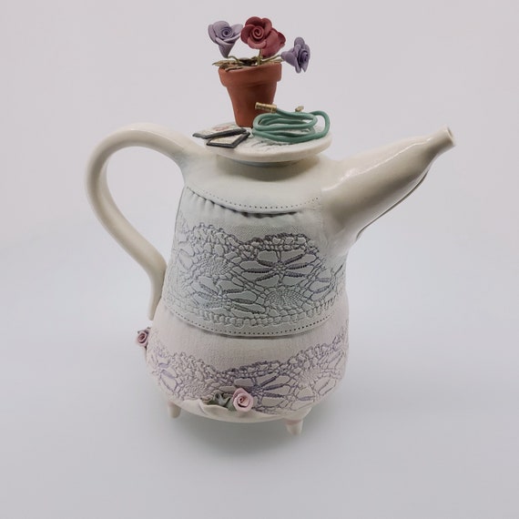 Whimsical Teapot, Decorative With Garden Theme, Handmade Sculpture