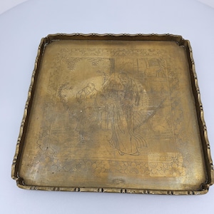 Antike Bronze gravierte Tablett | Chinesisches Vintage Wohndekor | Um 1900