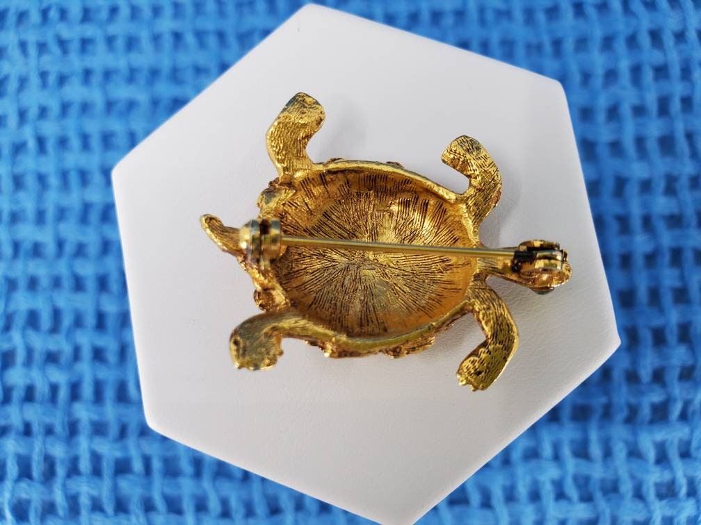 Broche Vintage Tortue - Double Motif (1 Grande, 1 Petite), Couleur Or, Yeux Verts, Occasion