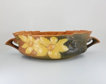 Vintage Roseville Pottery Clematis Floral Leaves Console Bowl 11", Roseville, USA, 458-10