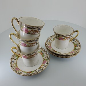 Hand Painted Floral Design, Birds & Gold Trim Cup with Saucer,   Set of 4 Cups and Saucers Made in Japan