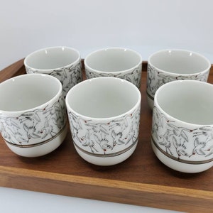 Rare Japanese Porcelain Tea Cup Yunomi Vintage Crane Sench, Set of 6