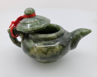 Chinese Jade Teapot, Deep Green Miniature Nephrite