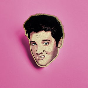 Elvis Wooden Pin Badge, Film / Movie Brooch, Stocking Filler, Birthday Present, Retro 1950s Pin Badge, Handmade Illustrated Brooch