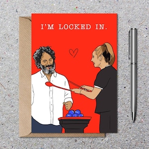 Jason Mantzoukas, carte d'anniversaire Stevie Martin, carte de voeux Taskmaster Royaume-Uni, carte drôle avec enveloppe, écologique, je suis enfermé