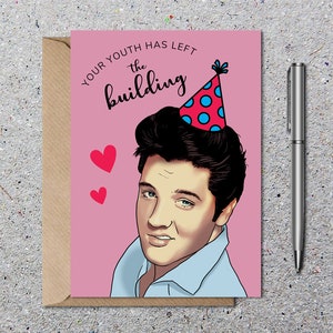 Carte d'anniversaire d'Elvis, drôle de carte de voeux vierge avec enveloppe, écologique, cadeau de carte d'anniversaire drôle, votre jeune a quitté le bâtiment