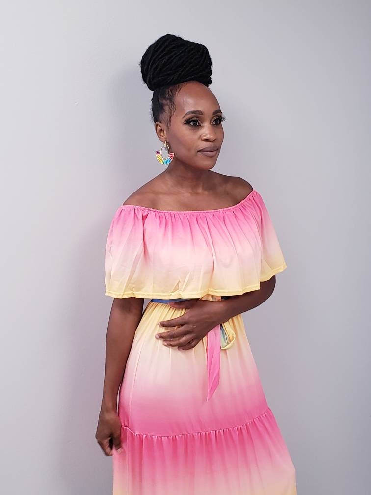 pink and yellow floral dress Yellow and Pink Floral Cotton Maxi Dress with Frill Straps with One AMARAA