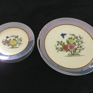 Noritake Morimura Lusterware Vintage 1921-1940 Serving Platter & 6 Plates Handpainted Japan Floral Tree Vine with Butterfly
