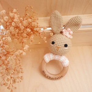 Crochet baby rattle with grip ring made of beech wood zdjęcie 6