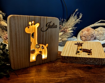 Veilleuse bébé personnalisée avec nom et date | Veilleuse enfants en bois de bouleau | Lampe de table chambre d'enfant | cadeau de Noël