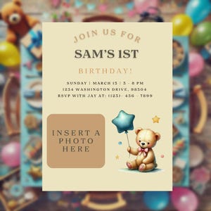 Modelo digital de convite de aniversário online; modelo fácil para impressão; design de urso; convite de cartão de aniversário divertido