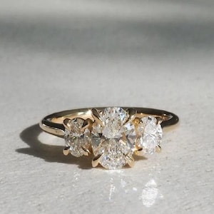 3 CTW Oval Cut Trilogy Engagement Ring Oval Three Stone Ring 14k Gold Past present Future Ring Cathedral Band Wedding Ring Anniversary Gift