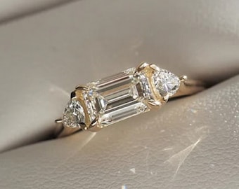 2.25 CTW East to West Emerald Cut Trilogy Engagement Emerald Three Stone Ring Trilliant Cut 14K Yellow Gold Ring Handmade Jewelry For Her