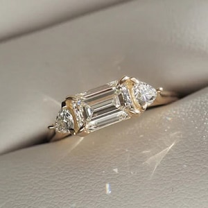 2.25 CTW East to West Emerald Cut Trilogy Engagement Emerald Three Stone Ring Trilliant Cut 14K Yellow Gold Ring Handmade Jewelry For Her