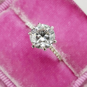 Round Cut Moissanite Engagement Ring, Unique Pave Wedding Ring, Classic 6 Prongs Solitaire Ring, Under Halo Vintage Ring, Anniversary Gift