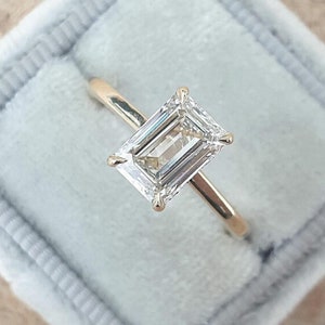 Elongated 5ct Hidden Halo Emerald Cut Solitaire Moissanite Diamond Engagement Ring 14k Gold Moissanite Promise Ring Emerald Anniversary Ring