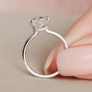 Hidden halo engagement ring 3 carat solitaire oval moissanite ring 11x8 mm oval 14k 1.8mm thin band & 0.11 ct Hidden halo diamond Gift