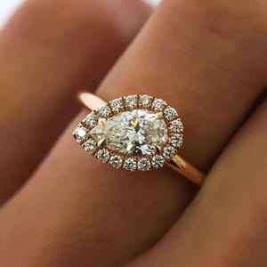 Vintage Pear shaped Moissanite Engagement Ring Pear Cut Unique 14k White Gold Halo Ring Diamond Wedding Ring Anniversary Ring Proposal Ring