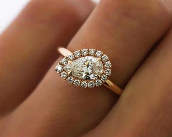 Vintage Pear shaped Moissanite Engagement Ring Pear Cut Unique 14k White Gold Halo Ring Diamond Wedding Ring Anniversary Ring Proposal Ring