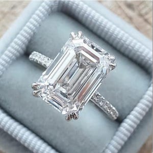 5.40 CT Emerald Cut Moissanite Engagement Ring Emerald Moissanite Hidden Halo Ring Wedding Ring Anniversary Ring Double Claw Prong Cathedral