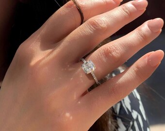 Gold Cushion Cut Engagement Ring 14K / 18K Moissanite Engagement Ring Hidden Halo Ring Ring For Women Moissanite Ring Anniversary Ring Gift