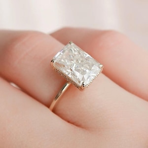 Elongated 4.40 CT Radiant Cut Moissanite Solitaire Ring, Hidden Halo Engagement Ring, Unique Wedding Ring, Dainty Proposal Gift/Ring For Her