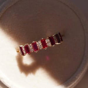 14k Solid Gold Ruby Ring Dainty Stacking Ring Emerald Cut Ruby Band Unique Stackable Ring Half Eternity Ring Gift for Women Moissanite Band