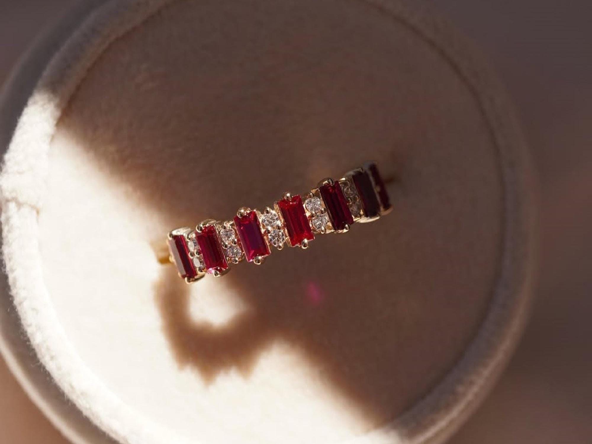 14k Solid Gold Ruby Ring Dainty Stacking Ring Emerald Cut Ruby Band ...
