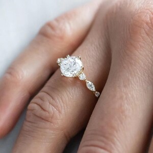 7mm Round Cut Moissanite Engagement Ring Unique Marquise Cut Wedding Ring Classic 6 Prongs Solitaire Ring Vintage Ring Anniversary Gift