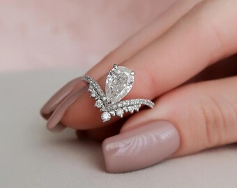 Rose Gold Chevron Pear Cut Engagement Ring Pear Wedding Ring Pear Shaped Ring Moissanite Pear Ring Vintage Diamond Solitaire Tear Drop Ring