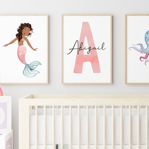 Set of 3 Personalised Mermaid Prints, Mermaid, Kids, Child, Bedroom, Sea, Octopus, Mermaids, Girls, Pink, Nursery, Decor, Gift, Pastel