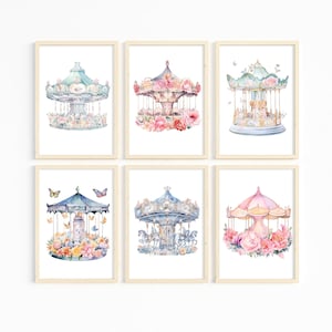 Floral Carousel Print, Wall Art Decor, Nursery Art, Kids Room Decor, Floral Print, Carousel Theme, Vintage Style Wall Decor, Bedroom, Girls