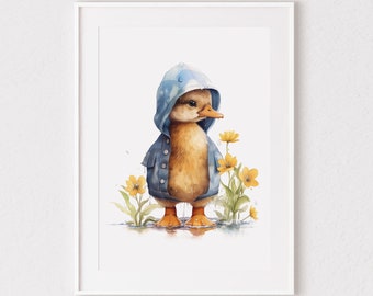 Cute Duck in Raincoat Print, Duck, Puddle, Rain, Raining, Ducks, Yellow Duck, Bedroom, Decor, Wall Art, Gift, Nursery