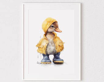 Cute Duck in Raincoat Print, Duck, Puddle, Rain, Raining, Ducks, Yellow Duck, Bedroom, Decor, Wall Art, Gift, Nursery