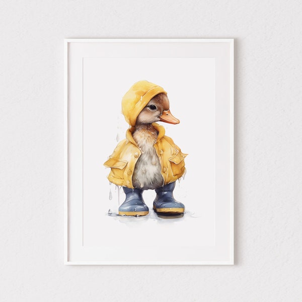 Cute Duck in Raincoat Print, Duck, Puddle, Rain, Raining, Ducks, Yellow Duck, Bedroom, Decor, Wall Art, Gift, Nursery