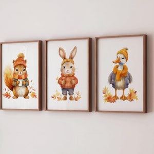 Conjunto de 3 animais da floresta com estampas de outono, esquilo, coelho, ganso, floresta, decoração, berçário, quarto, casa, outono, outono