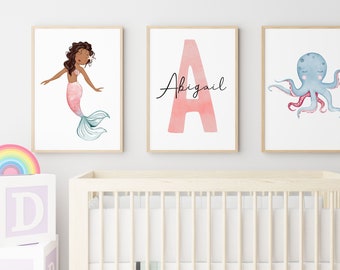 Set of 3 Personalised Mermaid Prints, Mermaid, Kids, Child, Bedroom, Sea, Octopus, Mermaids, Girls, Pink, Nursery, Decor, Gift, Pastel