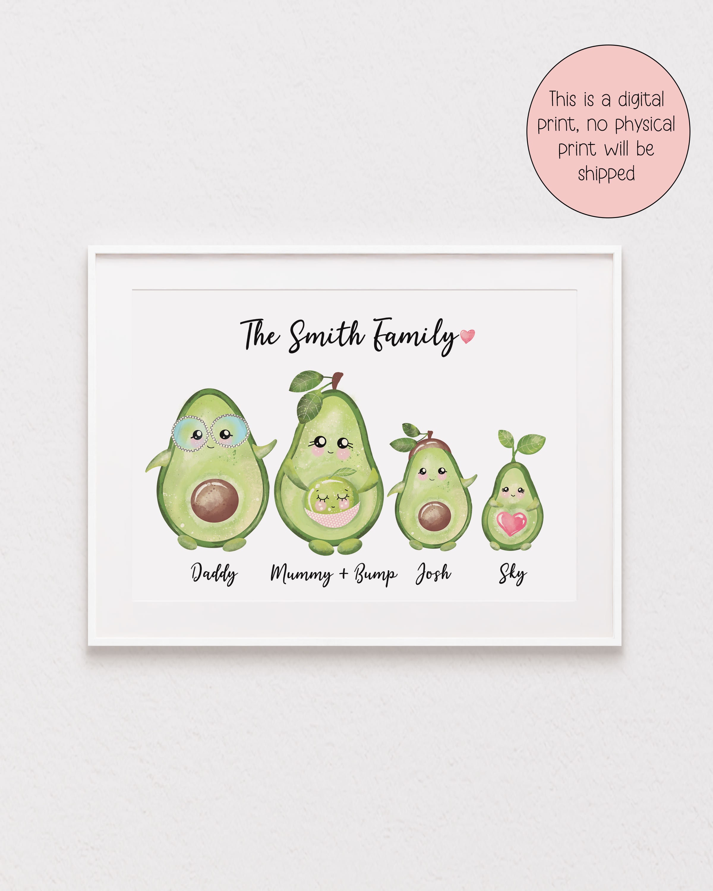 Digital Cute Personalised Avocado Family Print, Gift, Mother, Mum